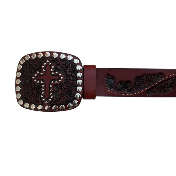 VTG Tooled Leather Belt Western Boho Cross Buckle Studded Brown Sz 34 main image 4